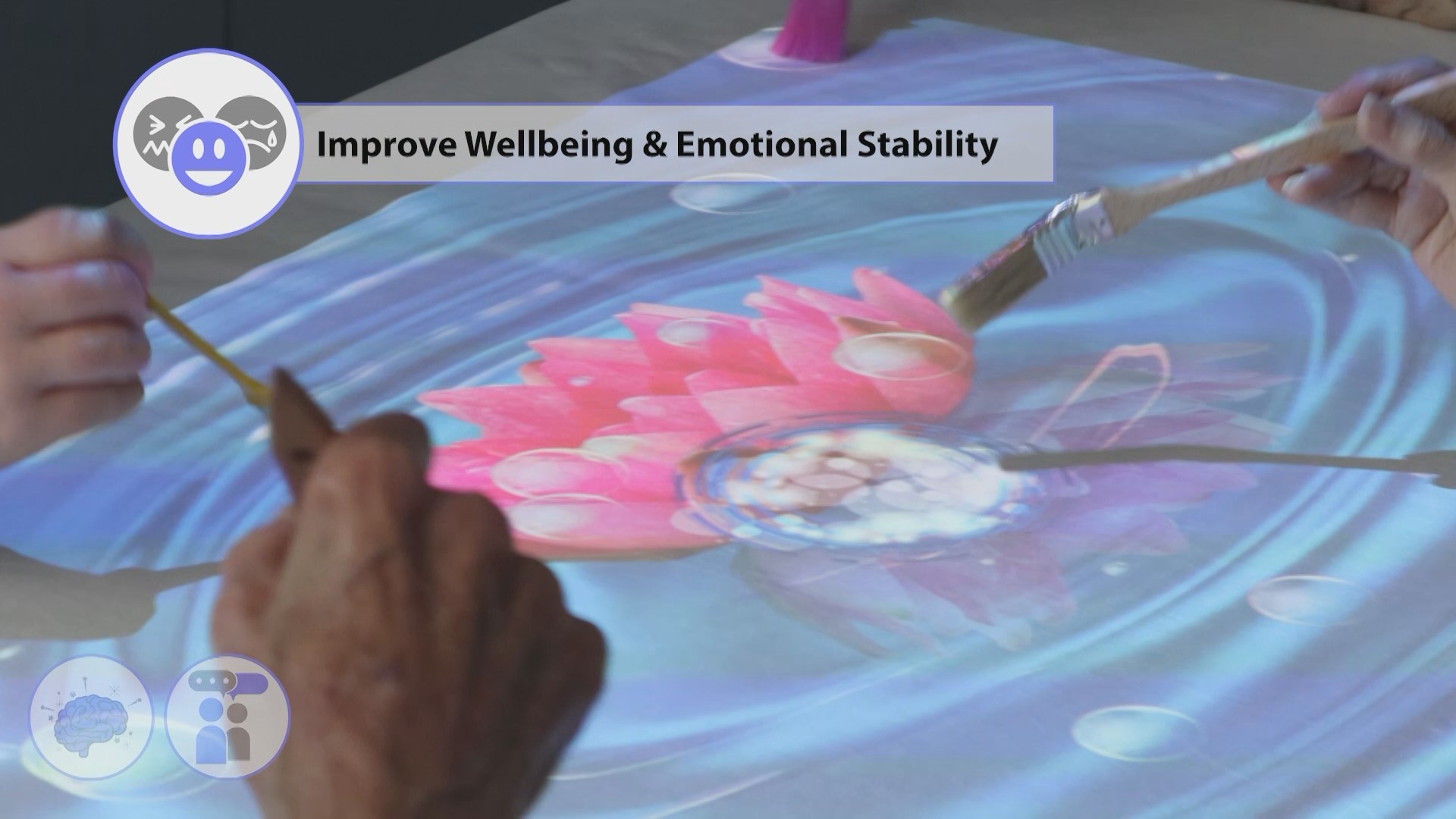 Care home residents improving their wellbeing and emotional stability by popping the relaxing bubbles as they appear whilst using the Wellbeing suite interactive projector on a table with the included long reach paintbrush accessory