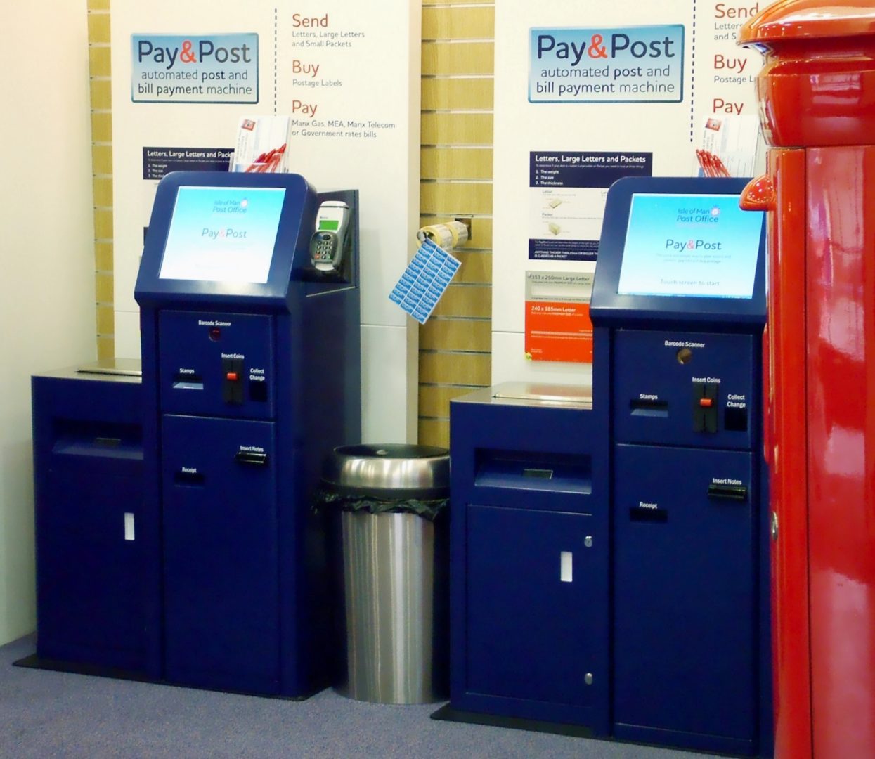 digital post kiosks with integrated drop box allowing stamp printing and change giving designed for pick up and drop off (PUDO)