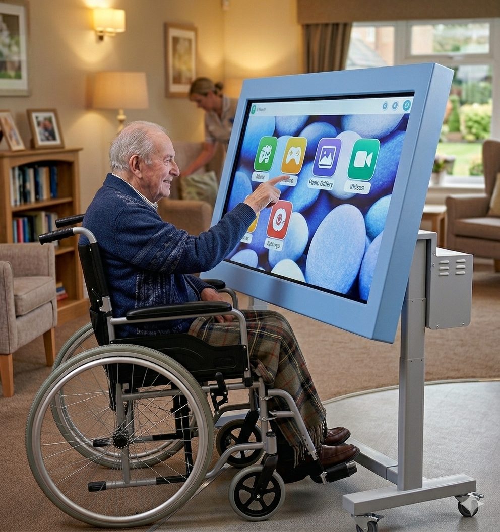 An elderly gentleman seated in a wheelchair using sensory techcnology